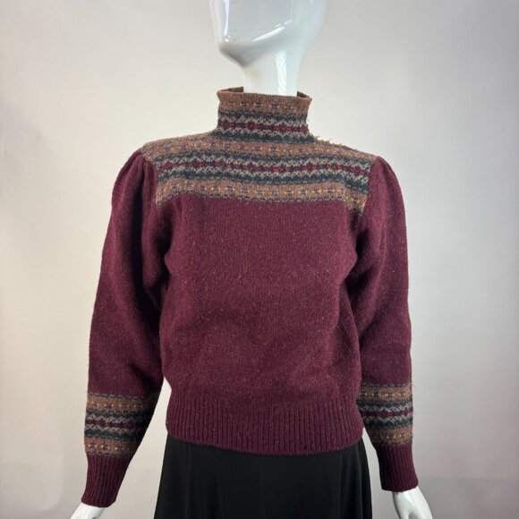 Ralph Lauren 80 Womens Fair Isle Wool Sweater L Maroon & Multi High Neck Button - Picture 1 of 16